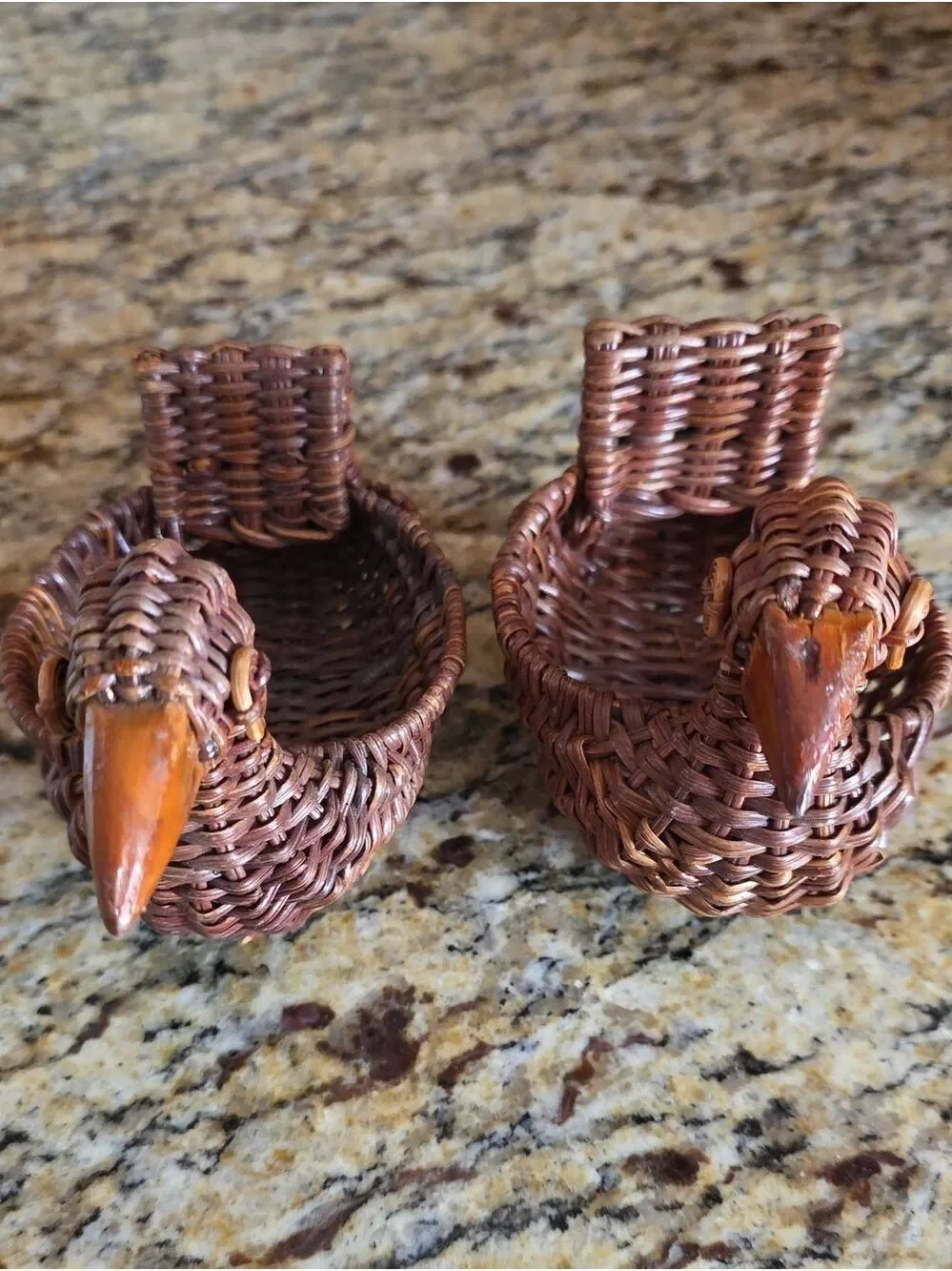 Vintage Mini Wicker/Rattan Duck Baskets (2), Carved Wooden Beaks